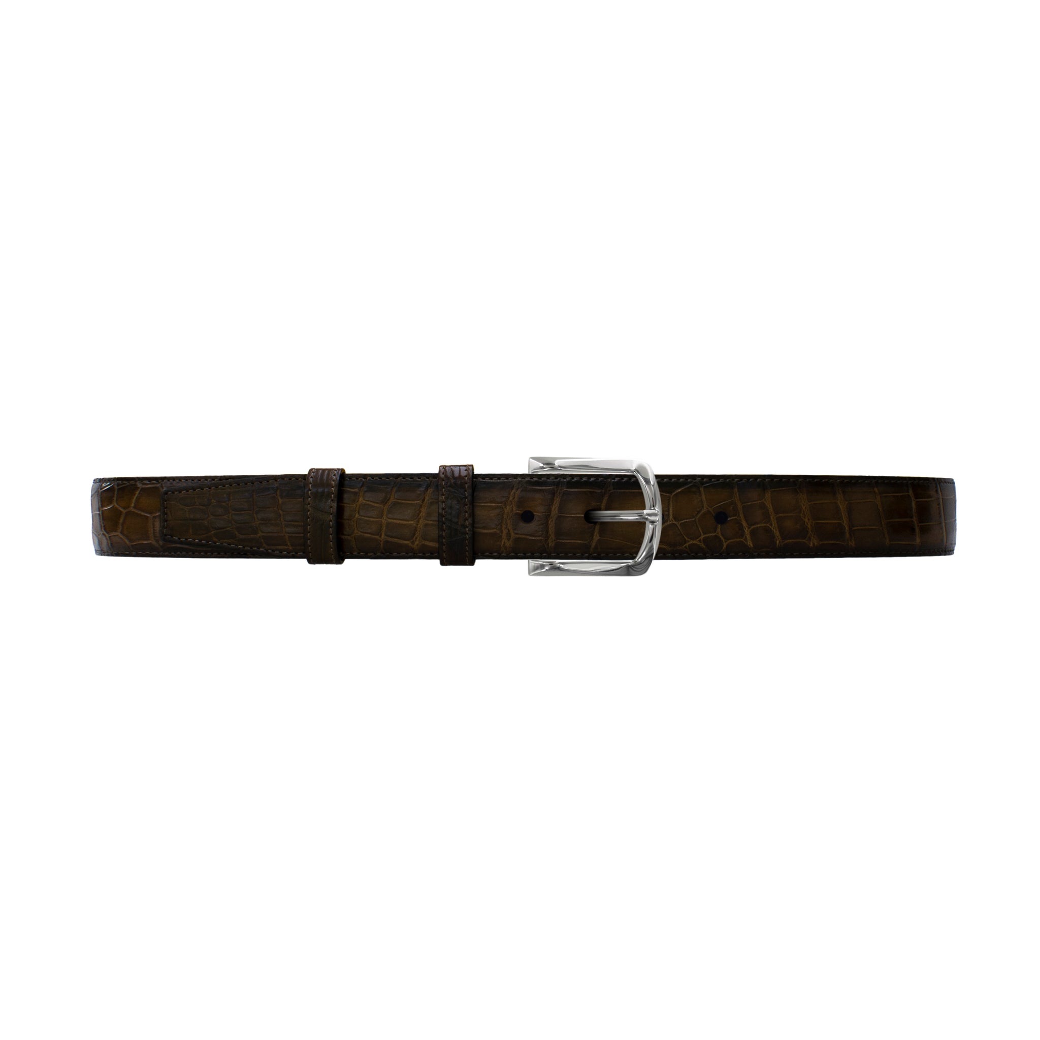 1 1/4" Walnut Patina Belt with Derby Cocktail Buckle in Polished Nickel